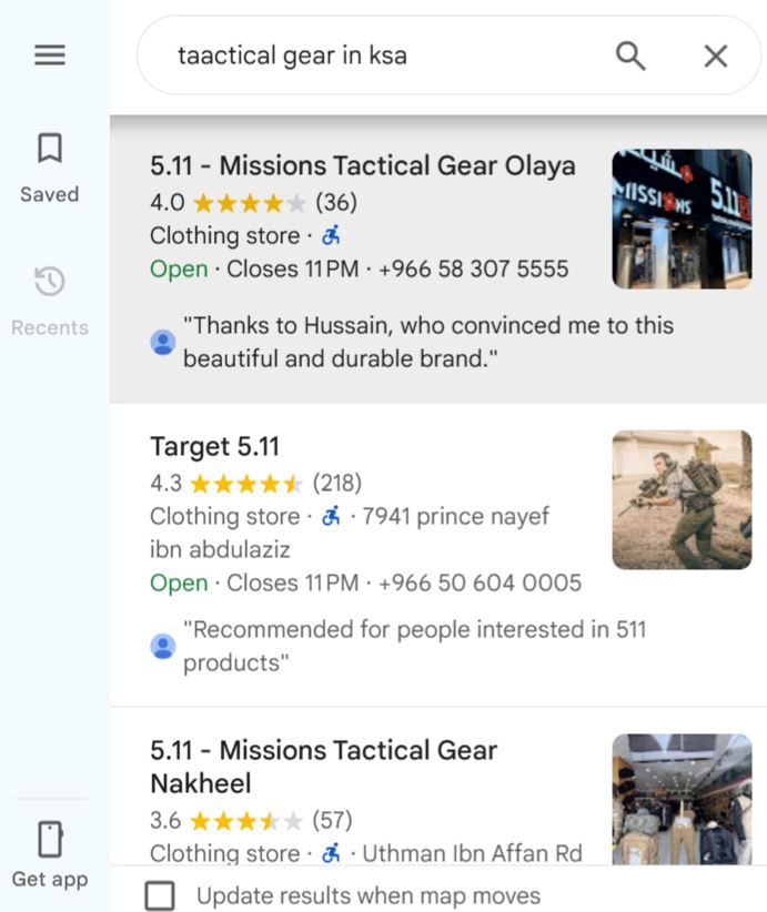 5.11 Tactical KSA outranking competitors in Google Maps local 3-pack search rankings